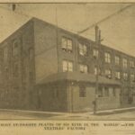 Sepia toned image of a large three storey factory building. It is identified as the 'Oriental Textiles' Factory'