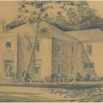 Sepia toned drawing of a two storey house. There are words on the facade reading Oshawa Guide House