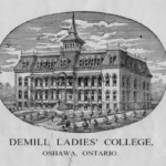 drawing of three storey building with spire at the top, and written under the sketch is 'Demill Ladies' College, Oshawa, Ontario'