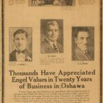 Newspaper ad for Engel's Store, featuring a picture of the store front and three pictures of members of the Engel family