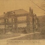 Oshawa Collegiate Institute in 1927; a two storey brick building, large windows, with an extension towards the back of the building, right hand side