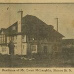 Sepia toned photo of a house with two large chimneys. Underneath, it is written 'Residence of Mr. Ewart McLaughlin, Simcoe St. N.'