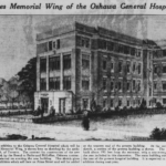 Black and write drawing of a four storey building, with a headline 'Sykes Memorial Wing of the Oshawa General Hospital.'