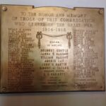 Gold plaque reading 'To The Honor and Memory of Those of this Congregation who Served in the Great War 1914-1918' and includes a list of names
