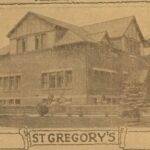 Etching of a rectangular brick building with white-trimmed narrow windows. A few trees stand in front of the building. Text at the bottom of the illustration reads, “St. Gregory’s.”