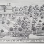 Black and white sketch of a house. There are several trees on the property, and a carriage out front.
