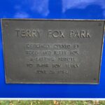 Copper plaque, reading: Terry Fox Park, Officially opened by Rolly and Betty Fox. A Lasting Tribute to their son Terry, June 26, 1984